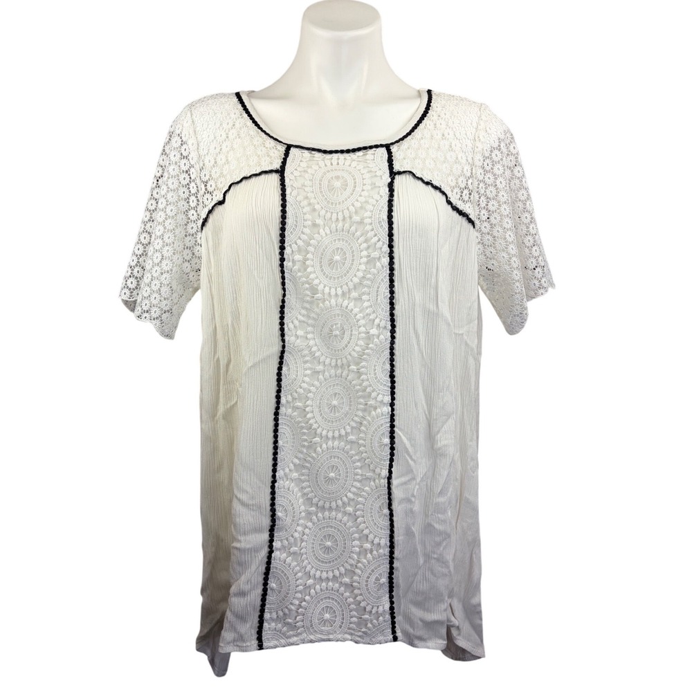 Sundance Ivory Lace Boho embellished Tunic Top Short Sleeve Black Pom Trim Large